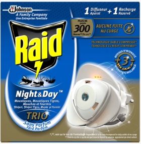 Raid Night&amp;Day Trio Електрически изпарител срещу мухи, мравки и комари- 1 устройство и 1 пълнител 