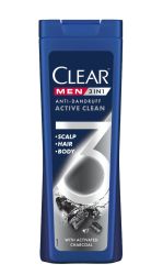 Clear Men 3 in 1 Anti-Dandruff Active Clean Charcool Шампоан против пърхот, балсам и душ гел с активен въглен 360 мл