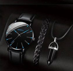 Комплект от 3 части 1 кръгъл мъжки кварцов часовник и 1 гривна 1 колие, идеален избор за подаръци
