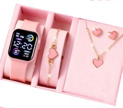 Комплект от 5 бр. дамски часовник плюс  гривна, колие, обици  гривна кварцов часовник, бижута, подарък за нея