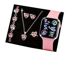Комплект от 6 части, модни колиета, обеци и пръстени гривна с електронни часовник бижута, подарък за нея
