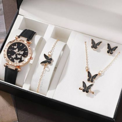 Комплект от 6 части.Дамски кварцов часовник с пеперуди, луксозен аналогов ръчен часовник и бижута с кристали