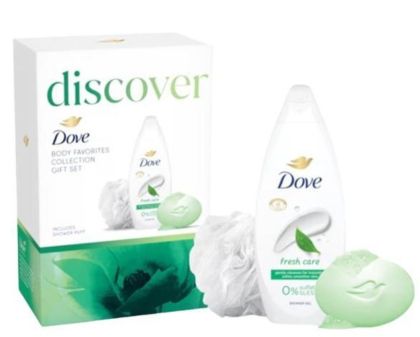 Dove Discover Дамски комплект Душ крем Fresh Care 250 мл + Сапун Fresh Care 90 гр +  Гъба за баня