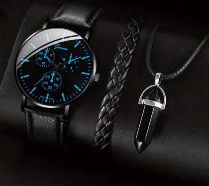 Комплект от 3 части 1 кръгъл мъжки кварцов часовник и 1 гривна 1 колие, идеален избор за подаръци