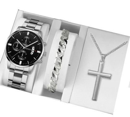 Комплект от 3 части 1 кръгъл мъжки кварцов часовник и 1 гривна 1 колие, идеален избор за подаръци