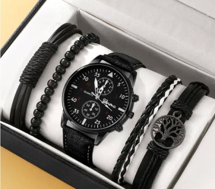 Комплект от 5 части 1 кръгъл мъжки кварцов часовник и 1 гривна 1 колие, идеален избор за подаръци