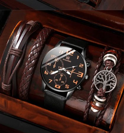 Комплект от 5 части 1 кръгъл мъжки кварцов часовник и 1 гривна 1 колие, идеален избор за подаръци