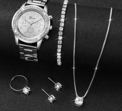 Комплект от 6 броя дамски часовници, модни сребърни, стоманени, аналогови кварцови часовници с диамантени бижута