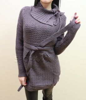 Дълъг дамски пуловер с яка и колан Различни цветове