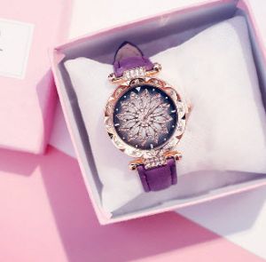 Елегантен Моден дамски Кристален кварцов ръчен часовник   кожена верижка  
