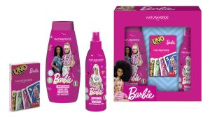 Детски комплект за момиче Barbie Спрей - балсам за коса 200 мл + Пяна за вана 300 мл +  Карти за игра UNO Barbie