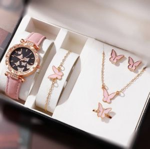 Комплект от 6 части.Дамски кварцов часовник с пеперуди, луксозен аналогов ръчен часовник и бижута с кристали