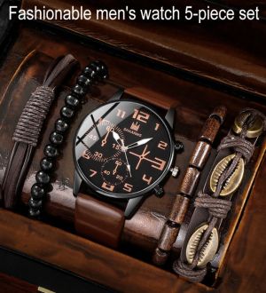Комплект от 5 части 1 кръгъл мъжки кварцов часовник и 1 гривна 1 колие, идеален избор за подаръци