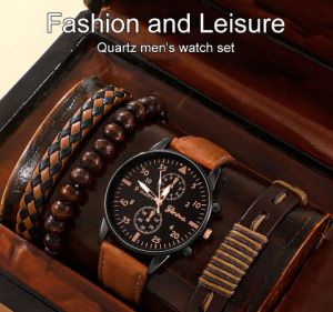 Комплект от 5 части 1 кръгъл мъжки кварцов часовник и 1 гривна 1 колие, идеален избор за подаръци