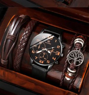 Комплект от 5 части 1 кръгъл мъжки кварцов часовник и 1 гривна 1 колие, идеален избор за подаръци