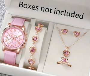 Комплект от 6 части Дамски часовник Ежедневен сладък кварцов часовник със сърце Аналогов ръчен часовник и гривни от неръждаема стомана
