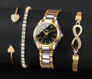Комплект  дамски часовник , 3 гривни, моден кварцов часовник  метална верижка