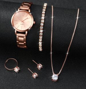Комплект от 6 части. Дамски Часовник Елегантен Кварцов Часовник С Цветя Блестящ Аналогов Ръчен Часовник И Комплект Бижута С Кристали,Супер Подарък