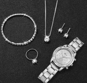 Комплект от 6 броя дамски часовници, модни сребърни, стоманени, аналогови кварцови часовници с диамантени бижута