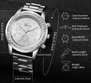 Комплект от 6 броя дамски часовници, модни сребърни, стоманени, аналогови кварцови часовници с диамантени бижута