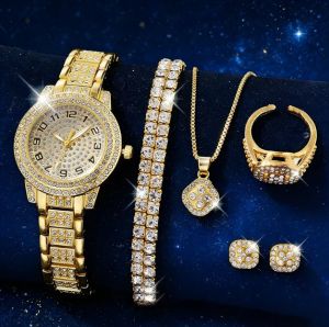 Комплект От 6 Броя Дамски Кварцов златен включващ бижута