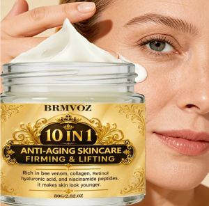  Brmvoz 10-в-1 Усъвършенстван стягащ дневен и нощен крем за лице с пчелна отрова, ретинол, ниацинамид, колаген и хиалуронова киселина. Повдига и стяга отпусната кожа, дълбоко хидратира, абсорбира бързо и подхранва 80 грама